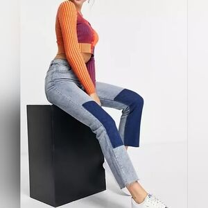 Patchwork Straight Leg Colorblock Blue Jeans 2 toned size 10 New  Casual